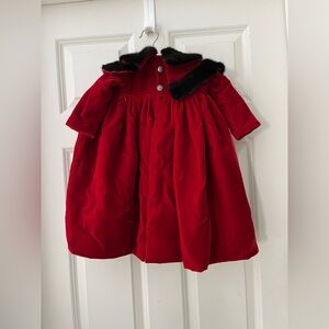 Vintage Red Velvet lined swing coat w/matching hat, faux fur trim holiday child